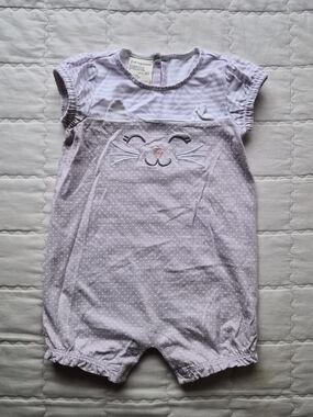 First Impressions Lavender and White Cat Applique One-Piece Bodysuit